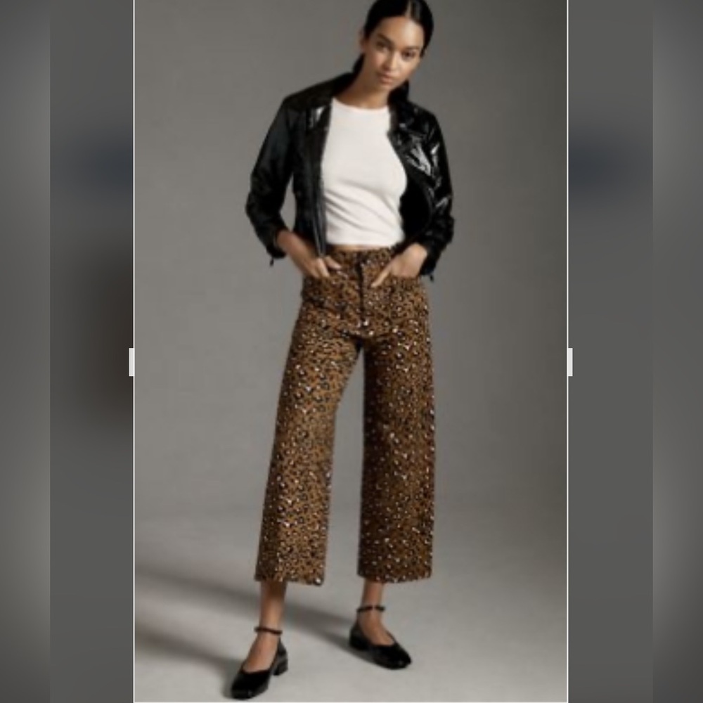 Maeve Leopard Print Wide-Leg Cropped Pants 33